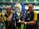 Lawrence Dallaglio and Alex King hold the Premiership trophy