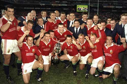 The British and Irish Lions celebrate after clinching a series win over South Africa