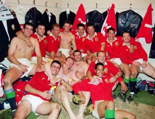 The British and Irish Lions celebrate following their 20-7 win over New Zealand. New Zealand v British and Irish Lions, Second Test, Athletic Park, June 26 1993.