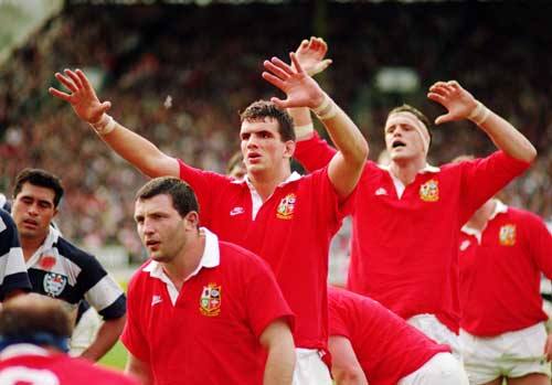 Lions Martin Johnson and Martin Bayfield wait for a lineout