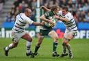 Leicester's Sam Vesty exploits a gap in the Bath defence