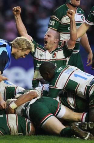 Leicester's George Chuter celebrates a try by team mate Julien Dupuy, Leicester Tigers v Bath, Heineken Cup , Walkers Stadium, Leicester, England, April 11, 2009