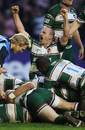 Leicester's George Chuter celebrates a try by team mate Julien Dupuy