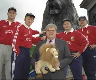Jeremy Davidson, Neil Jenkins, Fran Cotton, Mark Regan and Rob Wainright, British & Irish Lions sponsorship launch, Trafalgar Square, London, England, January 21, 1997