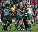 Leicester's Sam Vesty is mobbed by his team mates