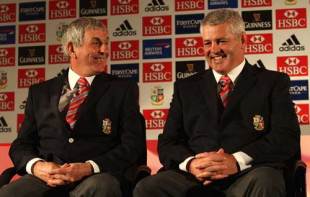 Lions head coach Ian McGeechan shares a joke with assistant Warren Gatland, British & Irish Lions squad announcement, Heathrow, England, April 21, 2009