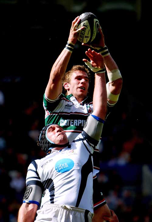 Leicester's Tom Croft claims a lineout ball