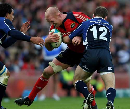 Munster's Paul O'Connell is shackled by the Leinster defence