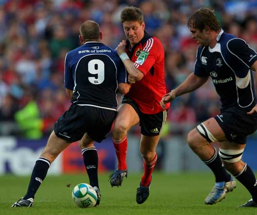 Munster's Ronan O'Gara looks for an opening in the Leinster defence