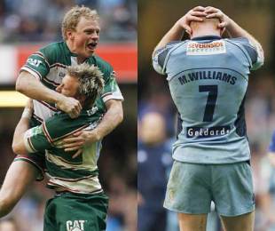 Leicester's Scott Hamilton congratulates team mate Jordan Crane after he kicked the match-winning place kick while Cardiff Blues' Martyn Williams reflects on his missed kick, Cardiff Blues v Leicester Tigers, Heineken Cup Semi-Final, Millennium Stadium, Cardiff, Wales, May 3, 2009