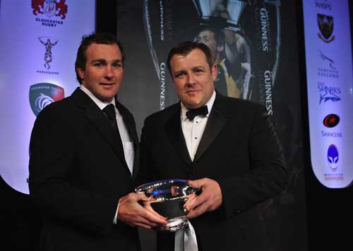 Glen Jackson of Saracens receives the Golden Boot award from Andy Challis 