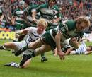 Leicester's Sam Vesty dives in to score a try