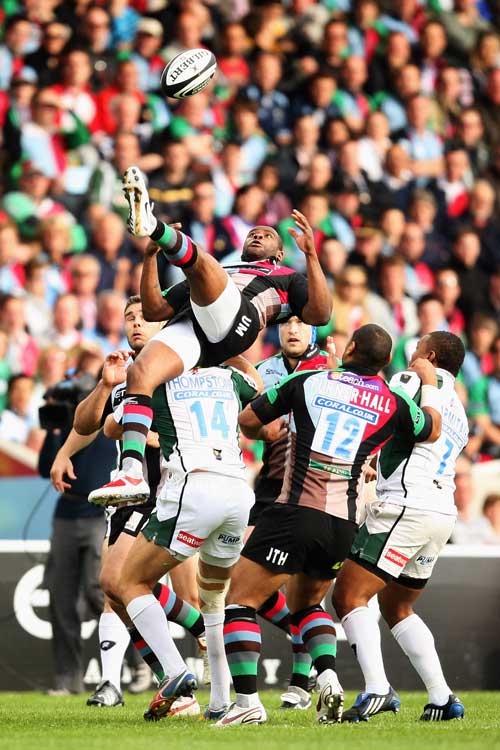 Harlequins' Ugo Monye attempts to claim a high ball