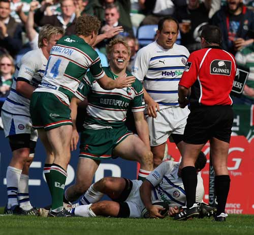 Leicester's Lewis Moody is congratulated on scoring a try