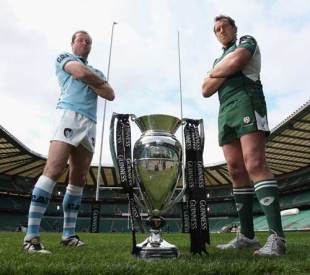 Leicester's Geordan Murphy and London Irish's Bob Casey pose with the Guiness Premiership trophy, Twickenham, England, May 15, 2009