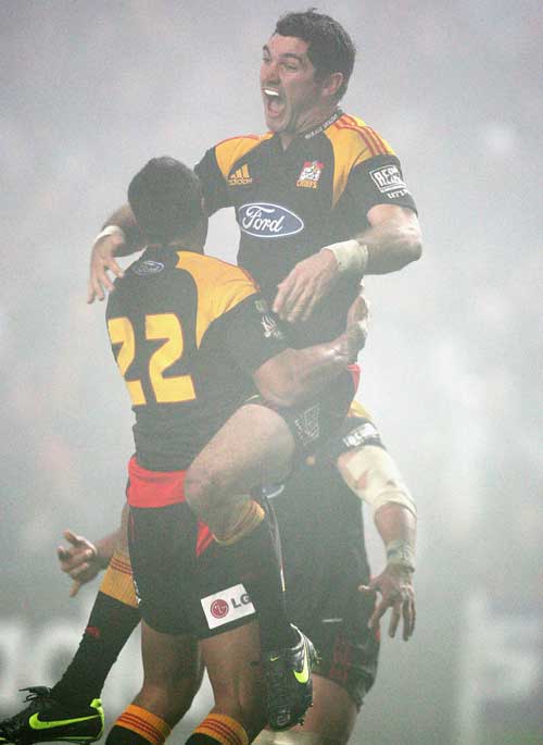 The Chiefs' Stephen Donald celebrates his side's victory over the Hurricanes