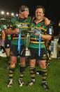 Northampton's Dylan Hartley and Tom Smith celebrate with the European Challenge Cup
