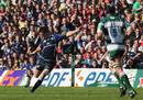 Leinster fly-half Jonathan Sexton lands a 45 metre drop-goal
