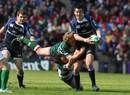 Leinster's Jonathan Sexton is double tackled by Sam Vesty and Julien Dupuy