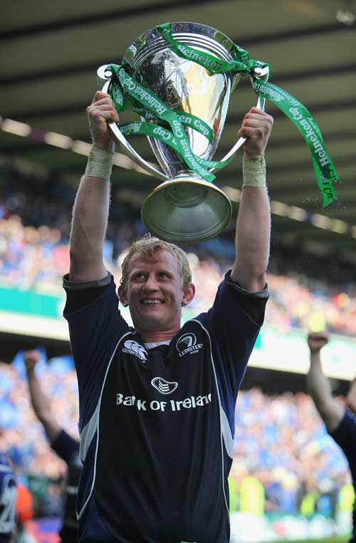 Leinster's Leo Cullen hoists the Heineken Cup