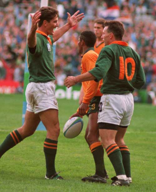 South Africa's Joel Stransky is congratulated on a try