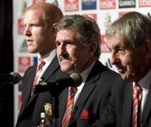 Lions manager Gerald Davies (centre), captain Paul O'Connell (left) and head coach Ian McGeechan (right)  talk to the media on their arrival in Johannesburg, Johannesburg Airport, Johannesburg, South Africa, May 25, 2009