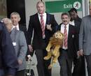 Lions manager Gerald Davies, captain Paul O'Connell and head coach Ian McGeechan arrive in Johannesburg
