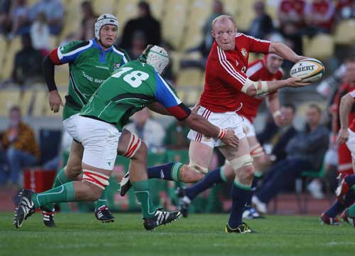 British & Irish Lions flanker Martyn Williams fires a pass