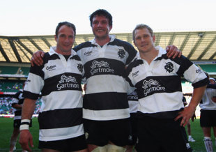 Mike Catt, Martin Corry and Josh Lewsey celebrate the Barbarians' victory over England at Twickenham