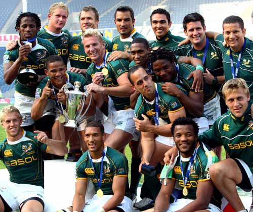 South Africa celebrate winning the 2008-09 IRB Sevens Series crown