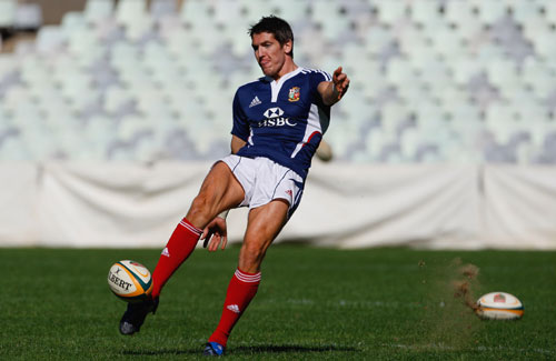 British and Irish Lions fly-half James Hook practices kicking during a training session in Bloemfontein
