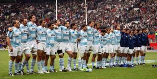 Argentina line up to sing the anthems at Old Trafford, Argentina v England, Old Trafford, Manchester, June 6, 2009
