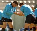 England's Nick Easter and Julian White warm-up in training