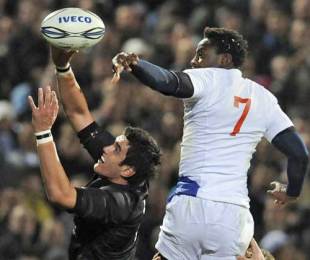 New Zealand's Isaac Ross and France's Fulgence Ouedraogo compete for a lineout ball, New Zealand v France, Carisbrook, Dunedin, New Zealand, June 13, 2009