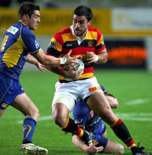Liam Messam of Waikato is tackled by Daniel Bowden of Otago during the round nine Air New Zealand Cup match between Waikato and Otago at Rugby Park September 26, 2008 in Hamilton, New Zealand.
