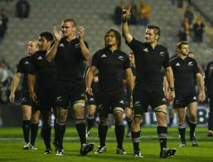 New Zealand captain Richie McCaw salutes the All Blacks fans having earlier clinched the Tri Nations with a 26-12 win over Australia, New Zealand v Australia, Tri Nations, Eden Park, July 21 2007.