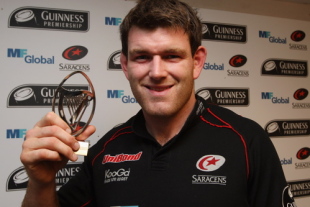 Michael Owen of Saracens holds the Guinness Man of the Match after his teams victory during the Guinness Premiership match between Saracens and Northampton Saints at Vicarage Road on September 27, 2008 in Watford, England.