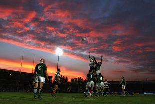 A general view of a lineout as the sun sets during the International Friendly match between the Barbarians and Ireland at Kingsholm Stadium on May 27, 2008 in Gloucester, England.