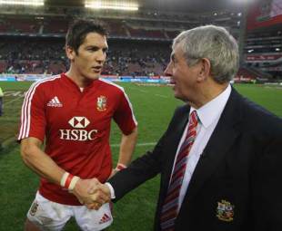 British & Irish Lions fly-half James Hook is congratulated by Ian McGeechan after his kick defeated Western Province, Western Province v British & Irish Lions, Newlands, Cape Town, June 13, 2009