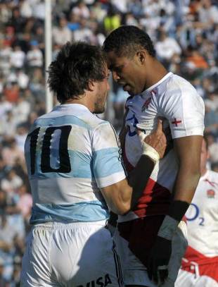 England fullback Delon Armitage and Argentina fly-half Juan Martin Hernandez argue, Argentina v England, Ernesto Maltearena, Salta, June 13, 2009