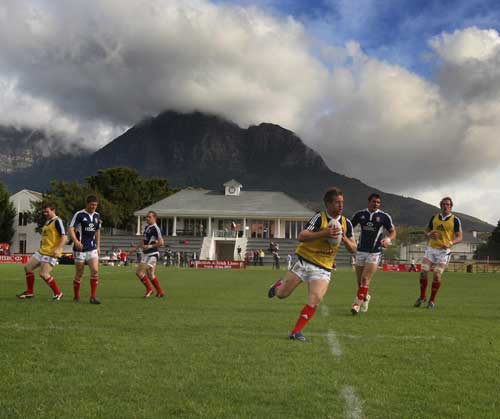 British & Irish Lions wing Luke Fitzgerald runs with the ball during training in the shadow of Table Mountain