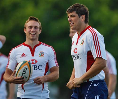 Lions Mike Blair and Donncha O'Callaghan share a joke in training