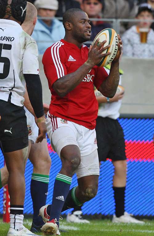 Lions winger Ugo Monye celebrates scoring against the Southern Kings