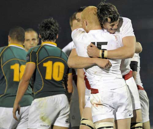 England U20s' James Gaskell and Tom Homer celebrate victory over South Africa