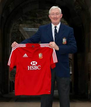 Former Lions assistant coach Jim Telfer poses with a 2009 shirt, Edinburgh Castle, Edinburgh, Scotland, February 24, 2009