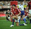 Lions scrum-half Mike Phillips celebrates after scoring his try 