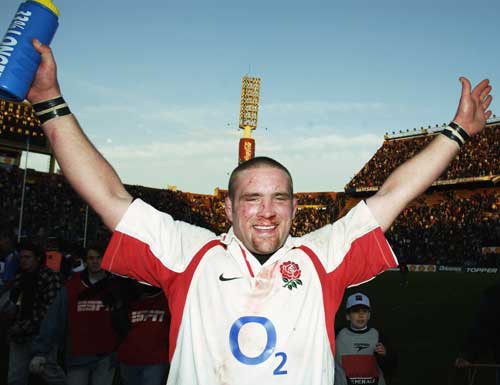 England captain Phil Vickery celebrates an historic victory over Argentina