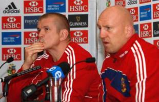 British and Irish Lions coaches Graham Rowntree and Shaun Edwards face the media at the convention centre on 24 June 2009 in Cape Town, South Africa