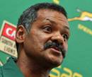 South Africa coach Peter de Viliers talks to the media