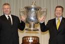 NZRU CEO Steve Tew and ARU deputy chief executive Matt Carroll pose with the Bledisloe Cup 